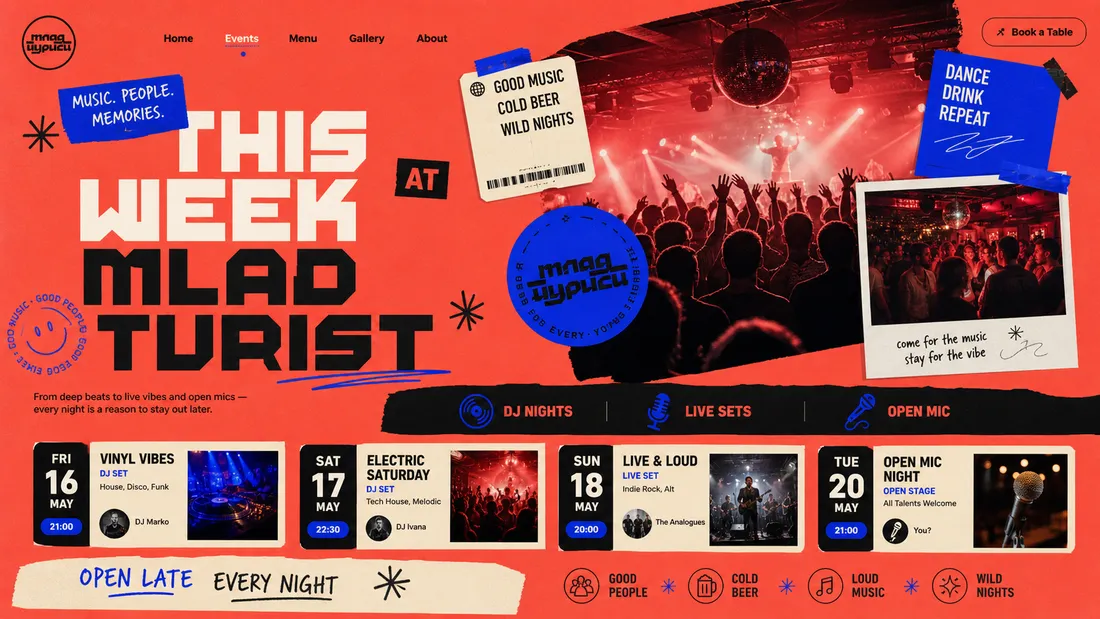 Mlad Turist events page concept titled 'This Week at Mlad Turist' with DJ Nights, Live Sets, and Open Mic filters and dated cards for Vinyl Vibes, Electric Saturday, Live & Loud, and Open Mic Night