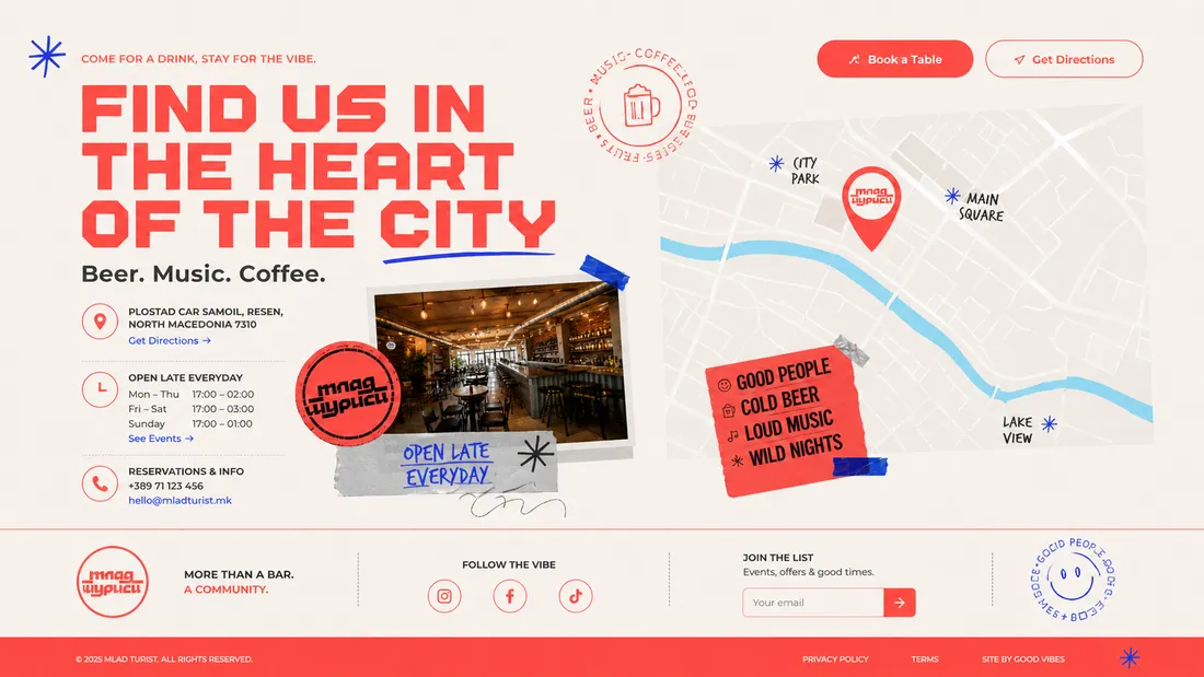 Mlad Turist location section concept titled 'Find us in the heart of the city' with the Resen address, late-night opening hours, phone, a map, Book a Table and Get Directions, and a newsletter signup