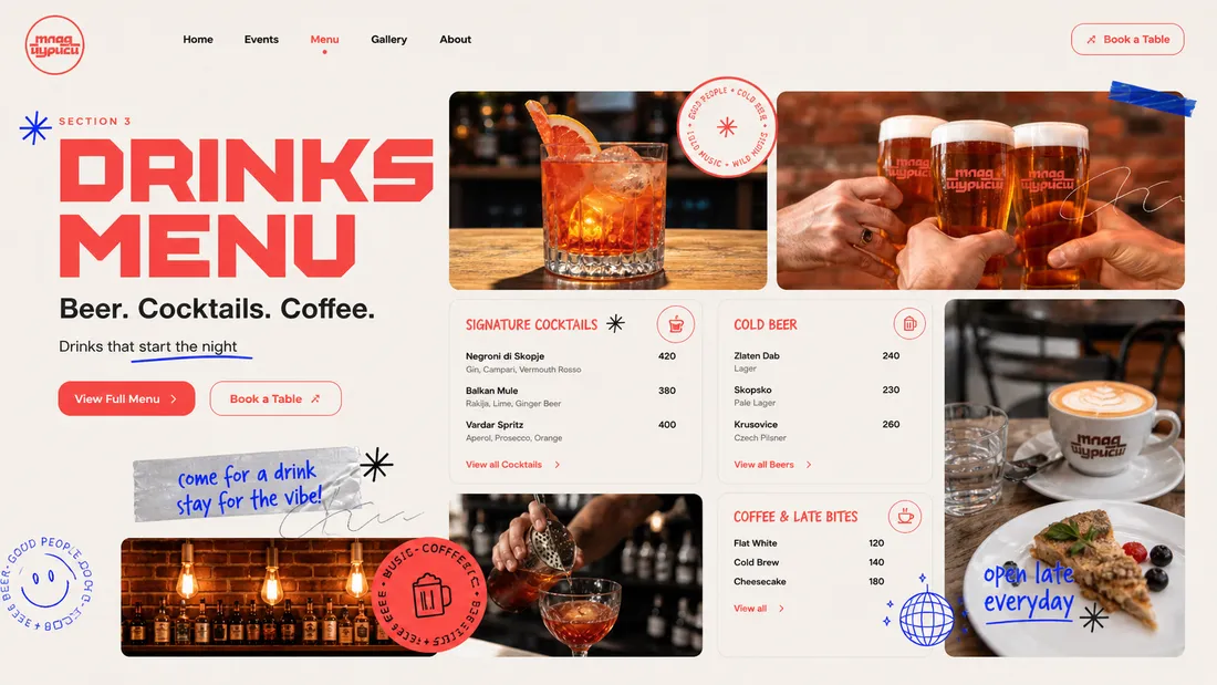 Mlad Turist drinks menu concept with Signature Cocktails, Cold Beer, and Coffee & Late Bites in three columns, denar prices, and View all links