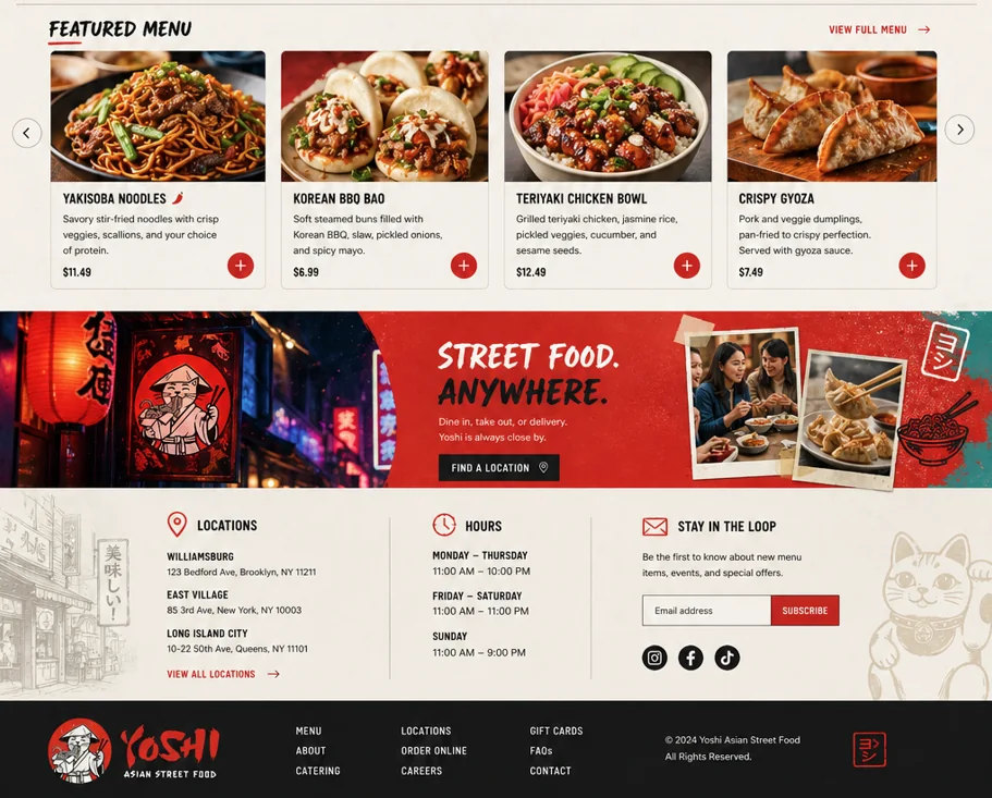 Yoshi website location banner, location list, hours section, newsletter signup, and footer navigation